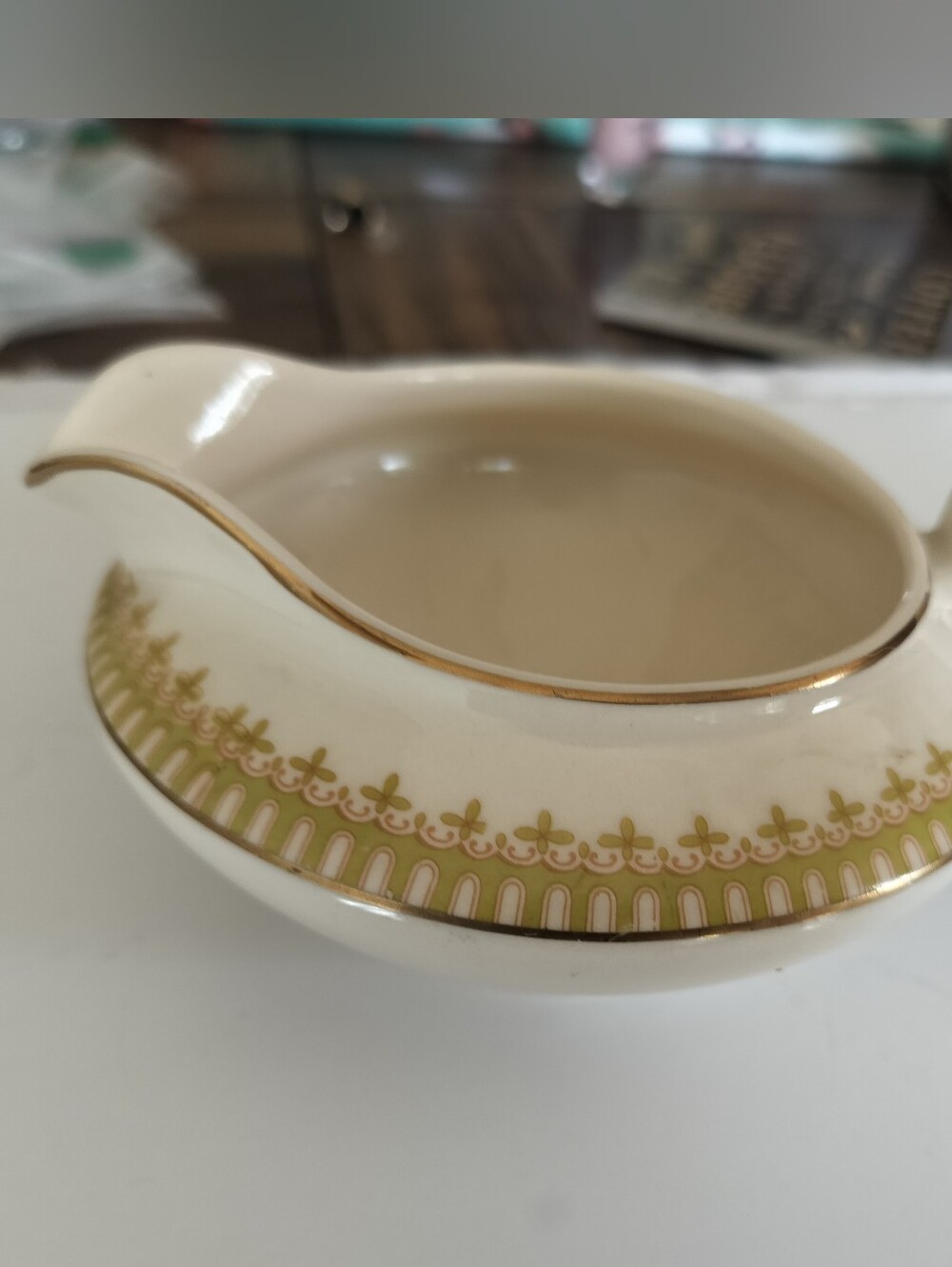 Vintage Porcelain Creamer - Green and Gold Classical Border Trim - Limoges Style